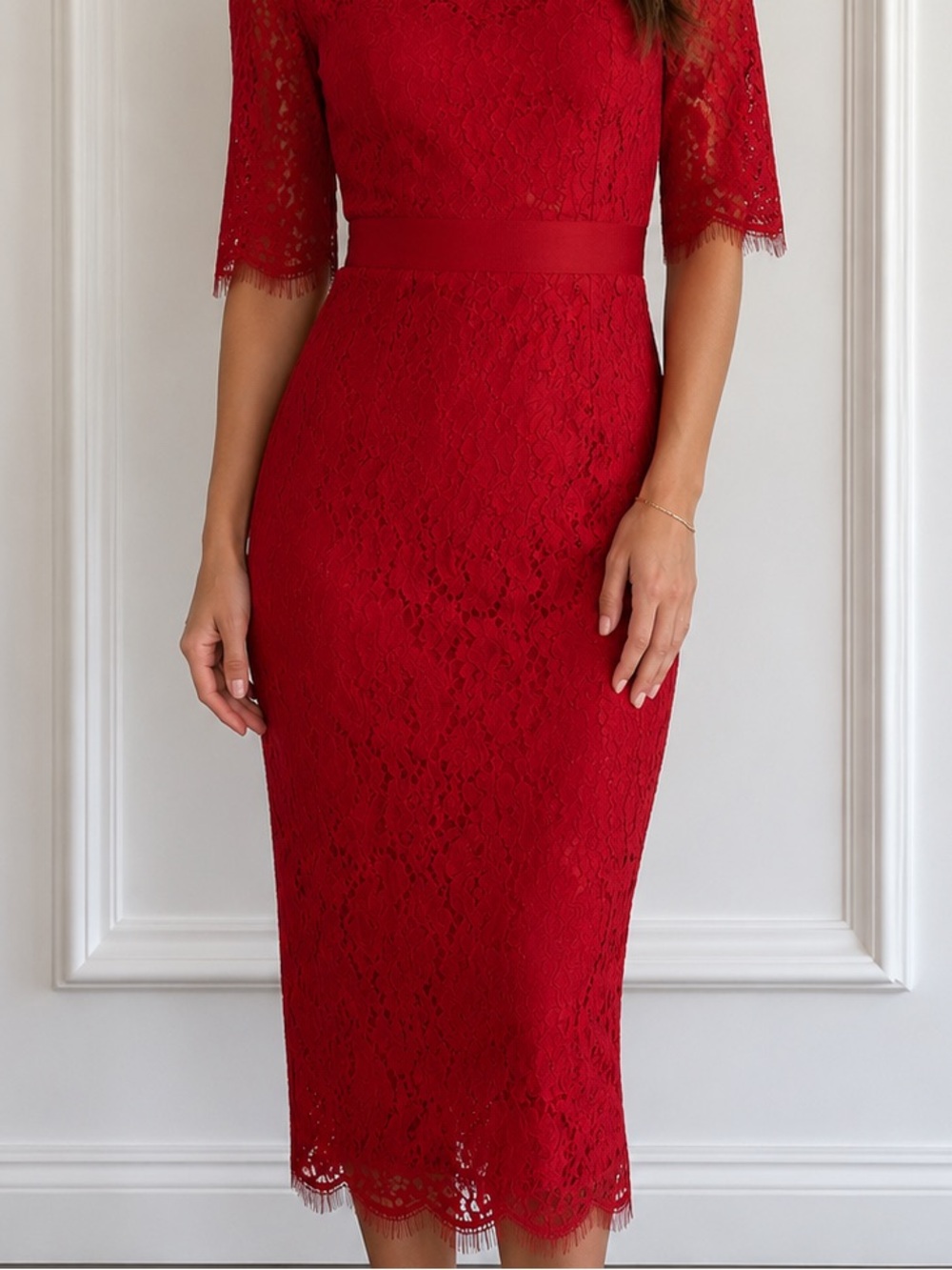 New with tags Fitted Red Lace Midi Dress with Elbow Sleeves size small